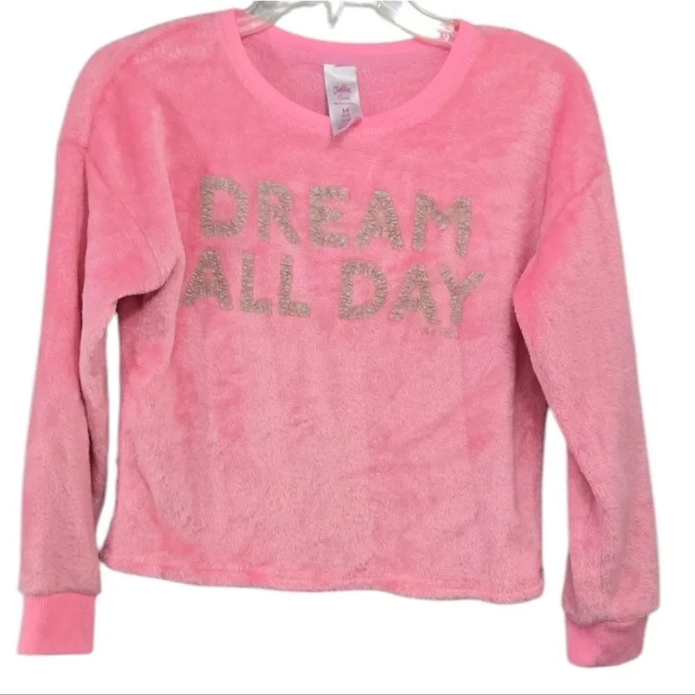 Justice Girls Pink Fuzzy Plush Sweater Dream All Day Silver Graphic Size 10 Top